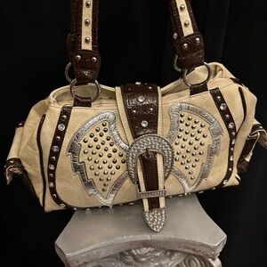 Studded Cream and Brown Handbag